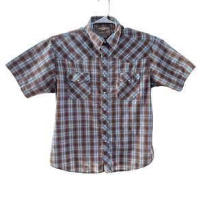 Vintage Wrangler Men's Pearl Snap Blue and Brown Plaid Shirt XLarge